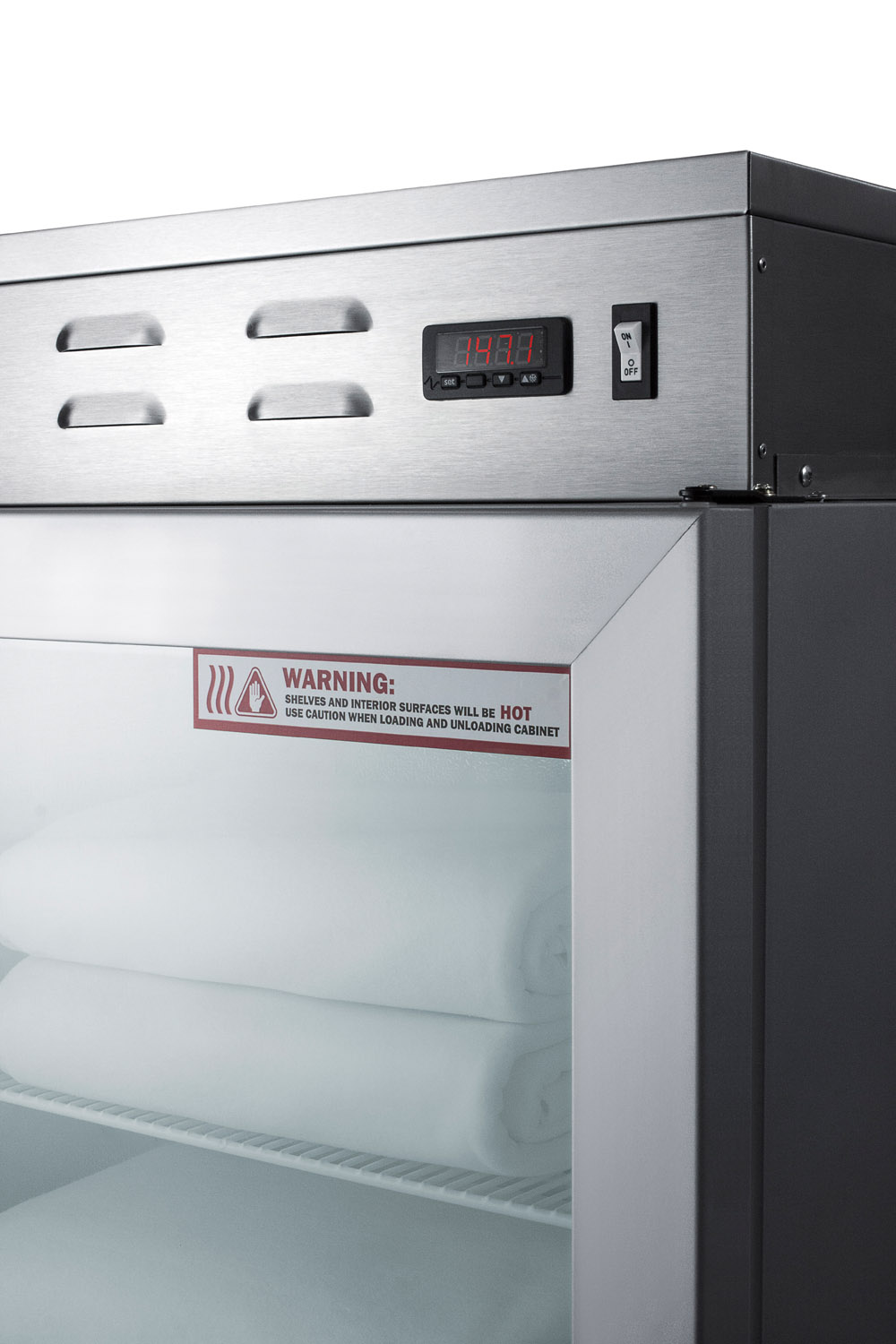 Single chamber compact warming cabinet with glass door, digital thermostat, and lock